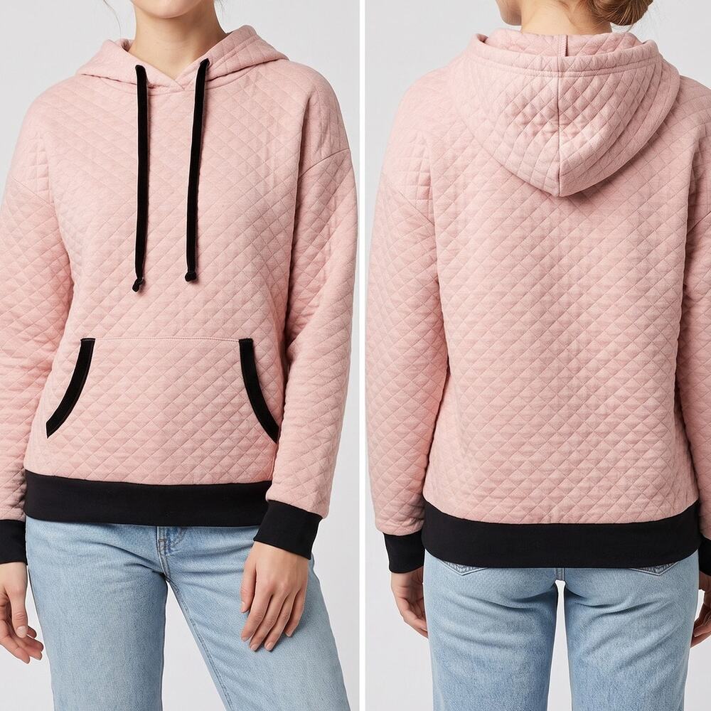 Lands' End Womens Large Quilted Kangaroo Pocket Hooded Sweatshirt Pink